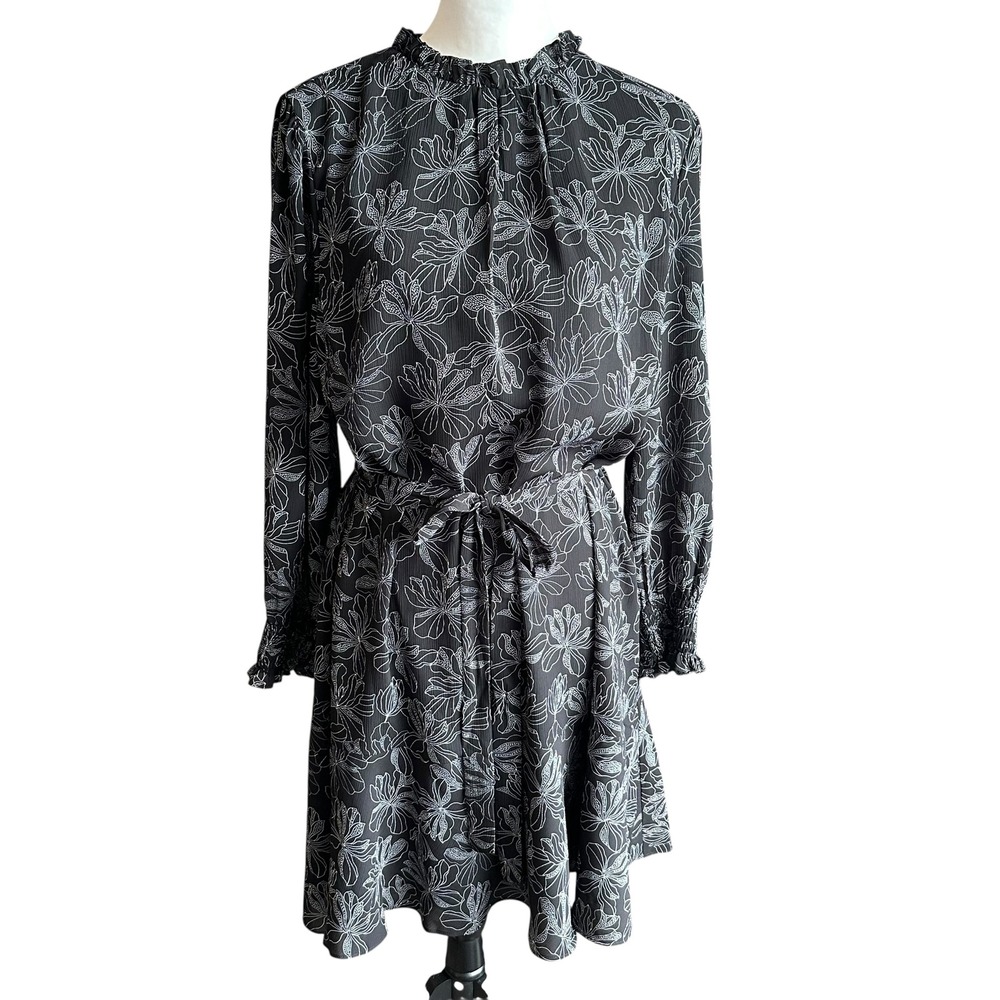 Hobbs London Dress Size 14 Black Floral Natalie Ruffled Tie Waist‎ Dress